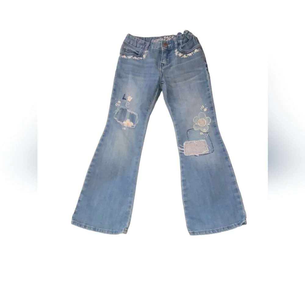 Gap Kids Matching Flare distressed embroidered Jeans and Flower applique  Top